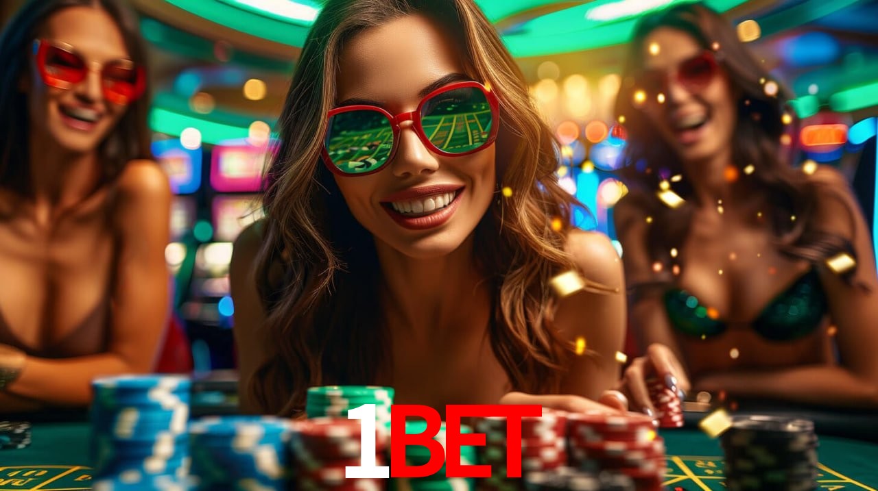 Una escena digital vívida inspirada en casino con 1bet mostrado prominentemente, luces brillantes, fichas, cartas y acentos dorados.
