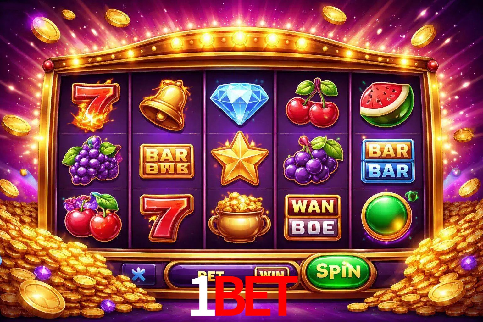 Una interfaz colorida de tragamonedas en línea con símbolos brillantes, monedas y un efecto de victoria celebratoria en 1bet.
