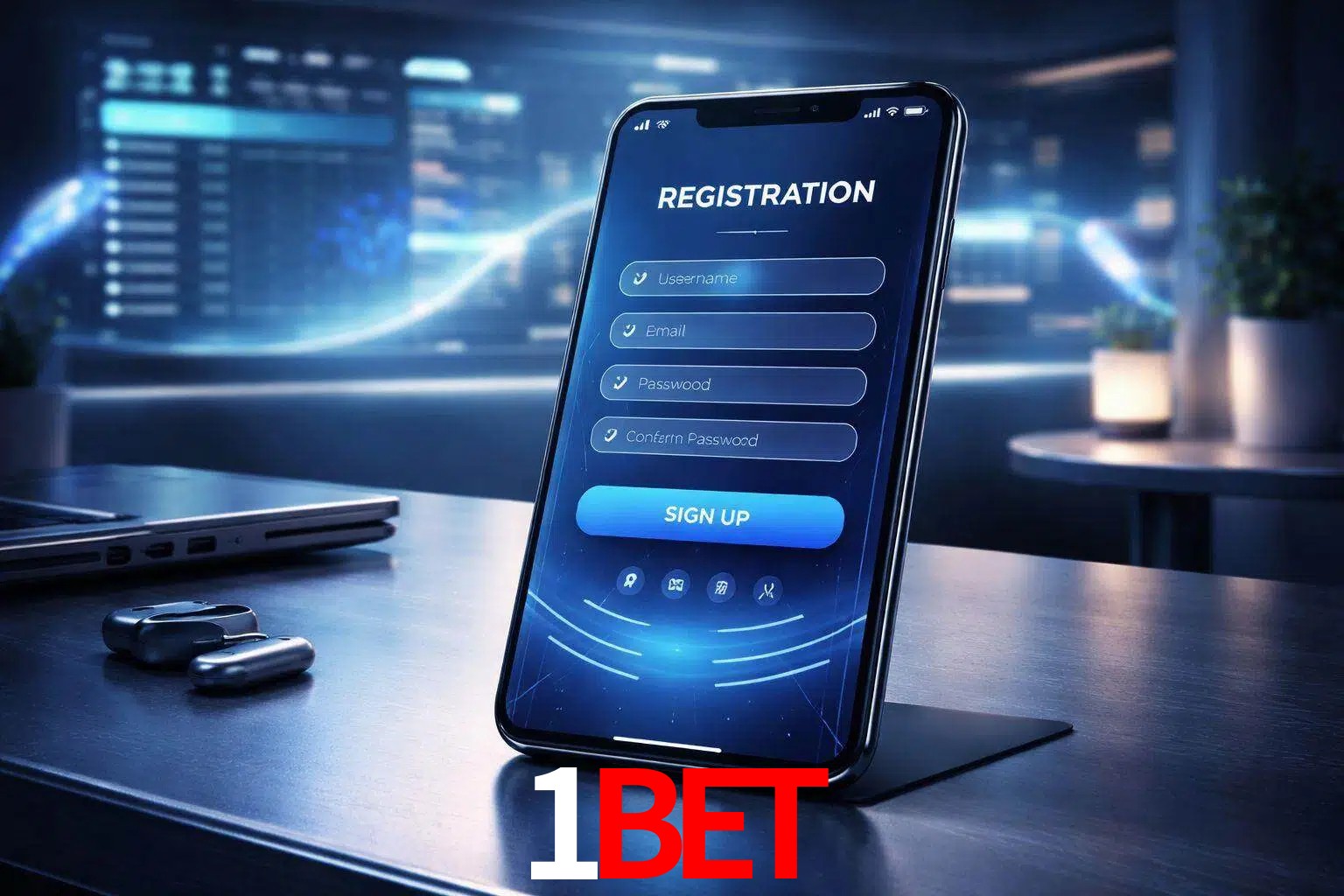 Una interfaz moderna de registro móvil para 1bet mostrada en un smartphone con un panel de apuestas elegante.